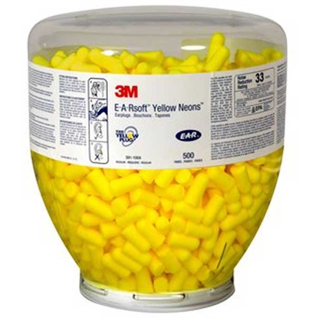 Refillbehållare med 500-par gula hörselproppar.