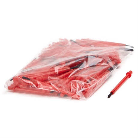 Små stenskottspenslar med rött plastskaft och syntetisk borst. Penslarna används till reparationer av lackdefekter eller limning.