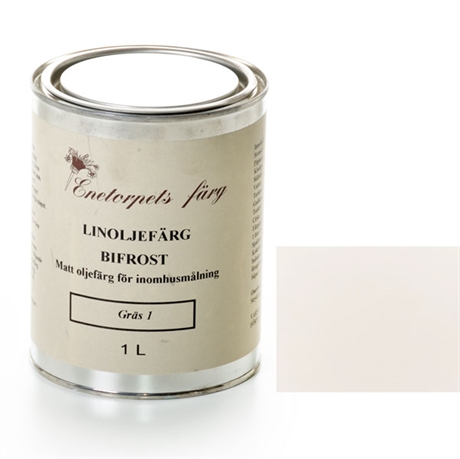 Bifrost Pergament 1 är en matt ljusgrå linoljeemulsionsfärg utvecklad för målning av tak, väggar och golv interiört. Bifrost är en miljövänlig målarfärg som inte innehåller några kemikalier, gifter, lösningsmedel, nanopartiklar eller mjukgörare.