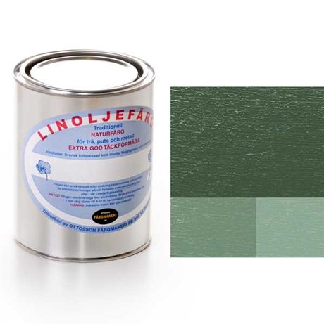 Skruttgrön linoljefärg för målning av trä, gipsskivor, metall, glas, puts, tegel, målade ytor och tapeter både interiört och exteriört. Linoljefärg är en miljövänlig målarfärg med mycket god hållbarhet, slitstyrka och täckförmåga. Linoljefärg fäster på de