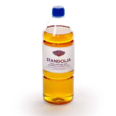 Flaska med standolja. Används främst till linoljefärg.